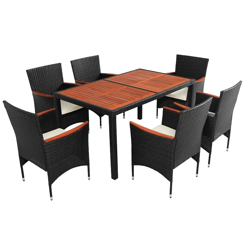 7-Piece Outdoor Patio Dining Set, Garden Pe Rattan Wicker Dining Table and Chairs Set, Acacia Wood Tabletop, Stackable Armrest Chairs with Cushions, R