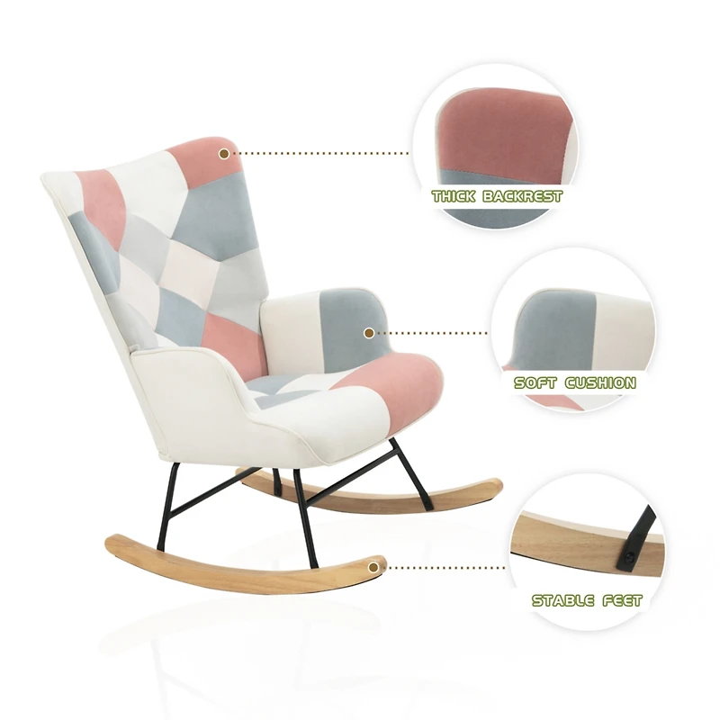 Streamdale Furniture Rocking Chair with ottoman, Mid Century Fabric Rocker Chair with Wood Legs and Patchwork Linen for Livingroom Bedroom