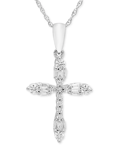 Diamond Round & Baguette Cross 18" Pendant Necklace (1/4 ct. t.w.) in 14k White Gold