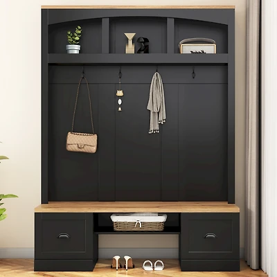 Streamdale 4-in-1 Farmhouse Hall Tree with Wood Bench and Black Hooks