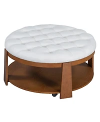 Streamdale Furniture Modern Large Round Ottoman Coffee Table 2-Tier Oversized Button Tufted Ottoman with Wood Shelf Storage Upholstered Coffee Table f