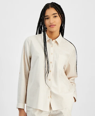 Hippie Rose Juniors' Button-Front Long Sleeve Striped Shirt