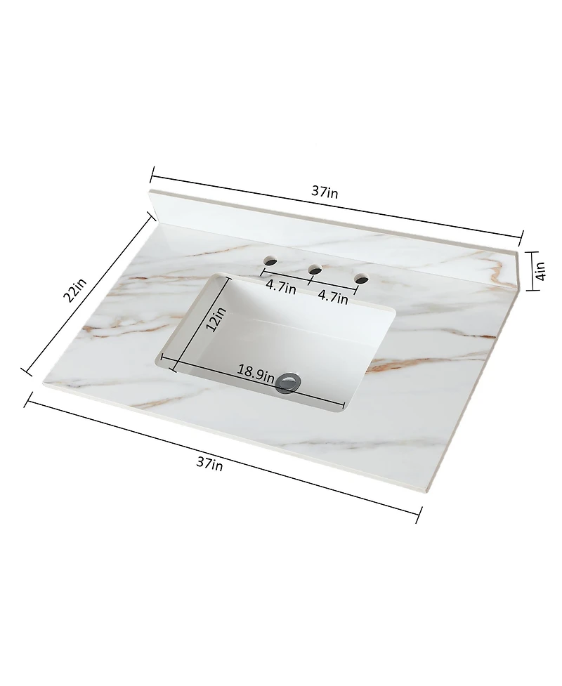 Simplie Fun 37 Inch Marble Vanity Top, Bathroom Vanity Top with Undermount Rectangular Middle Sink and 4" Height Backsplash, Pre-Drilled 8 Inch Faucet