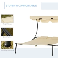 Patio Double Chaise Lounge Chair, Outdoor Wheeled Hammock Daybed with Adjustable Canopy and Pillow for Sun Room, Garden, or Poolside, Beige
