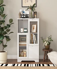 Streamdale Furniture Wooden Floor Cabinet with 2 Glass Doors and 2 Storage Space, White, Living Room Bathroom Entryway White