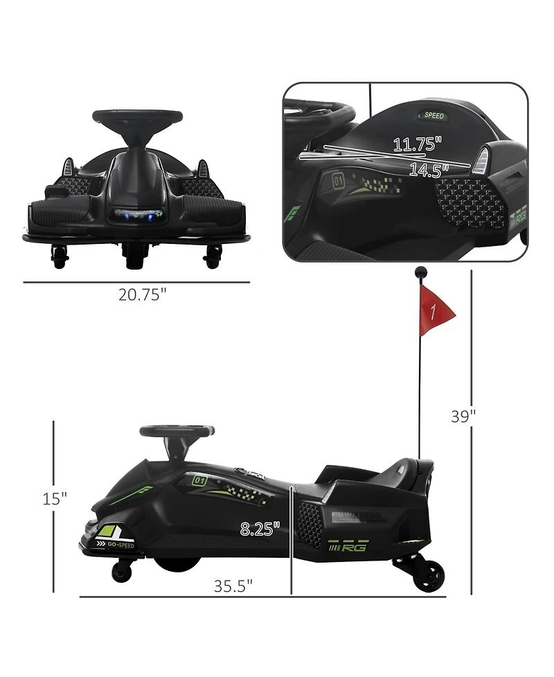 12V Electric Go Kart, 5 Mph Drifting Car, Battery Powered Ride on Toy Outdoor with Slow Start, Music, Colorful Lights, for 8-12 Years Old, Black