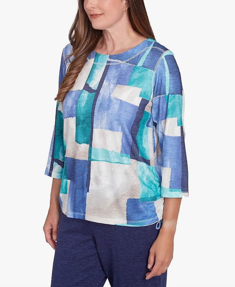 Alfred Dunner Petite French QuarterBlue Tone Box Print Ruched Top