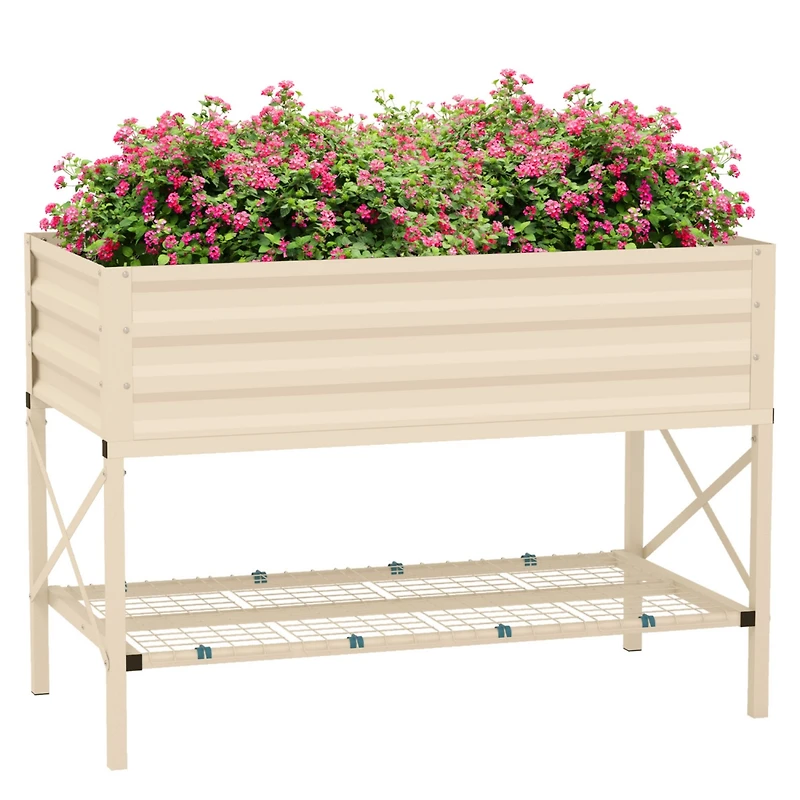 Raised Garden Bed with Galvanized Steel Frame, Storage Shelf and Bed Liner, Elevated Planter Box with Legs for Vegetables, Flowers, Herbs, Cream