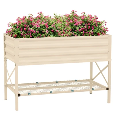 Raised Garden Bed with Galvanized Steel Frame, Storage Shelf and Bed Liner, Elevated Planter Box with Legs for Vegetables, Flowers, Herbs, Cream