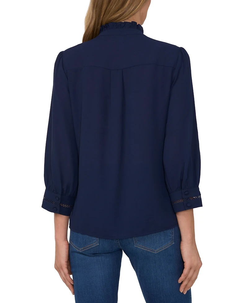 CeCe Women's Lace Trimmed Pintuck 3/4-Sleeve Button Front Blouse