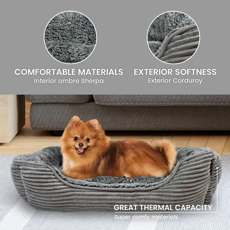 Details Rectangle Dog Bed, Durable Sleeping Calming Cuddler for Pets, Super Plush Corduroy Sherpa