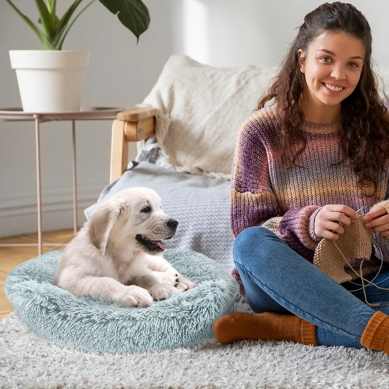 Details Dog Bed for Small Medium Dogs, Plush Calming Sleeping Cuddler Pet