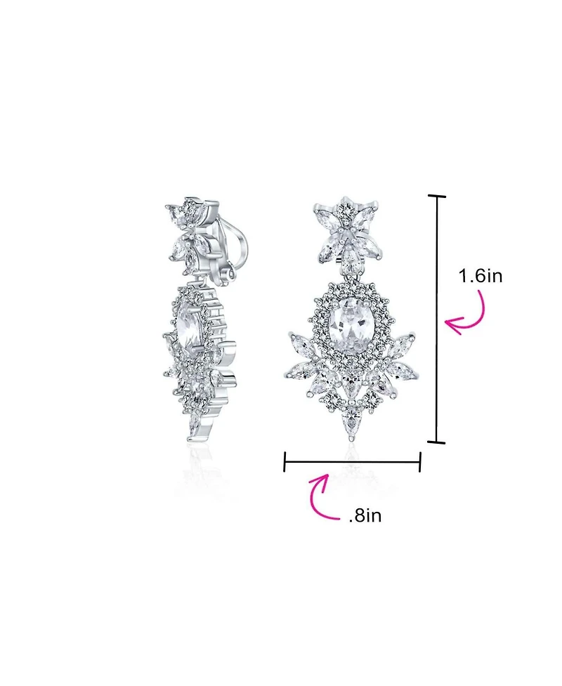 Bling Jewelry Black Cubic Zirconia Statement Dangle Formal Art Deco Style Chandelier Clip On Earrings Prom Silver Plated