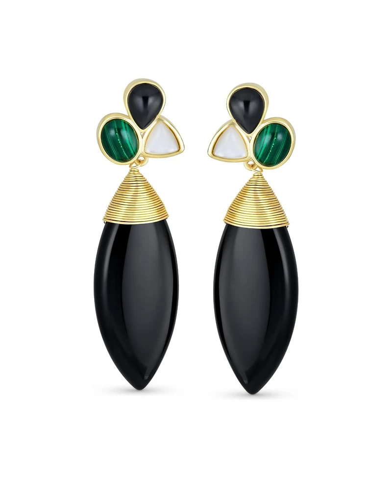 Bling Jewelry Fashion Multi Color Cluster Accent Wire Wrap Large Pointed Pear Shape Natural Green White Black Onyx Teardrop Drop Earrings Yellow Gold