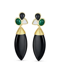 Bling Jewelry Fashion Multi Color Cluster Accent Wire Wrap Large Pointed Pear Shape Natural Green White Black Onyx Teardrop Drop Earrings Yellow Gold