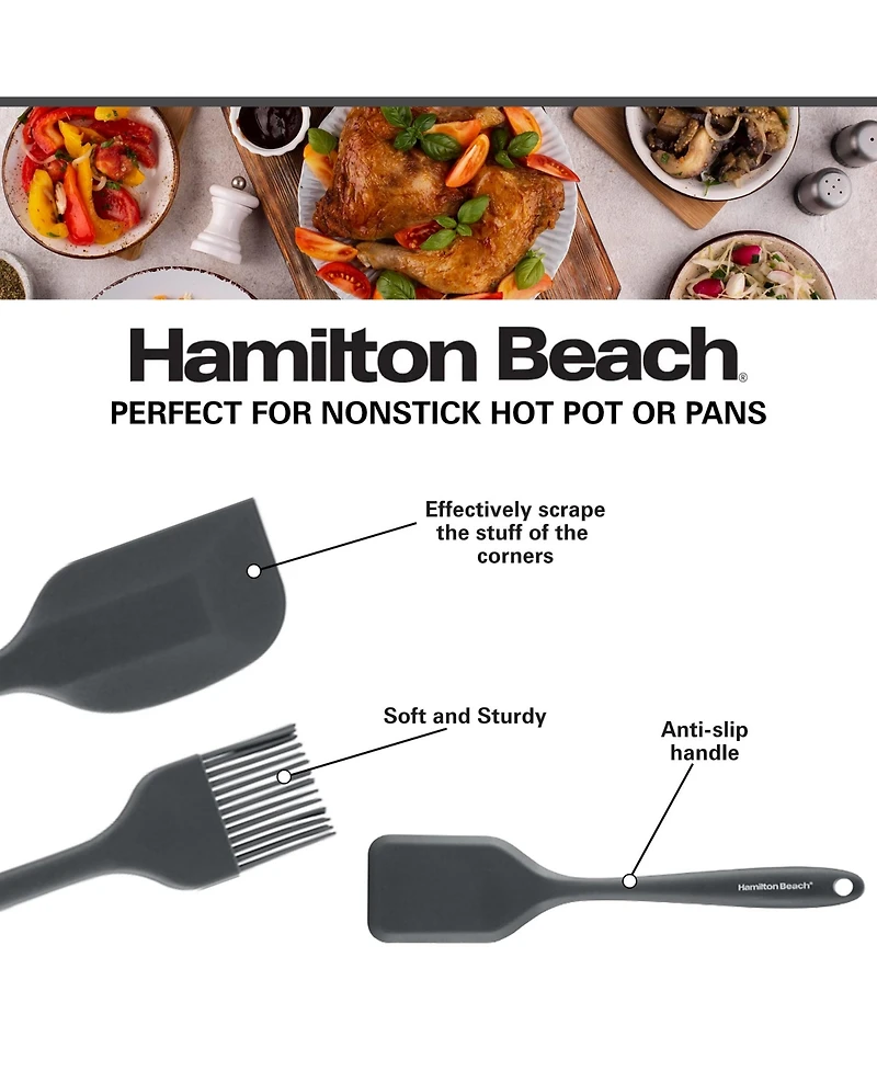 Hamilton Beach Silicone Baking 4pc Tool Set with Turner, Spoon, Spatula, Brush, Cooking Utensil Sets | Heat Resistant Silicone Spatula | Kitchen Utens
