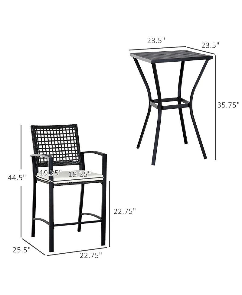 3pcs Patio Bar Set with Soft Cushion, Rattan Wicker Outdoor Furniture Set for Backyards, Lawn, Deck, Poolside