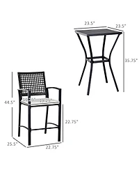 3pcs Patio Bar Set with Soft Cushion, Rattan Wicker Outdoor Furniture Set for Backyards, Lawn, Deck, Poolside