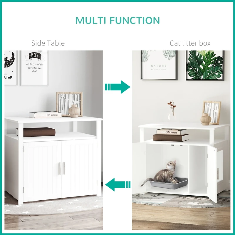 Wooden Cat Litter Box Enclosure Furniture with Adjustable Partition, Cat Washroom End Table with Open Shelf, White
