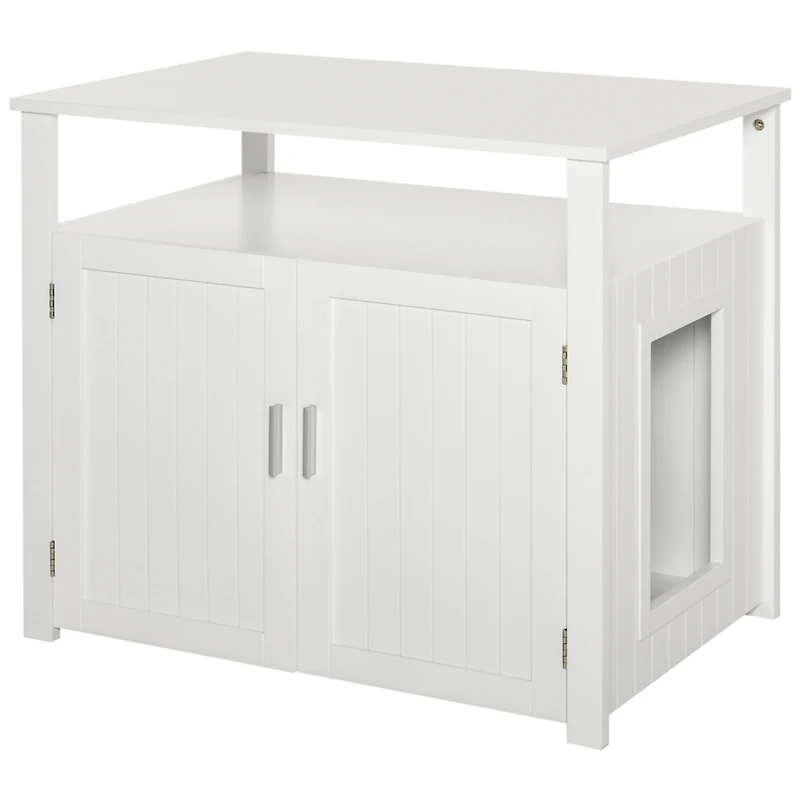 Wooden Cat Litter Box Enclosure Furniture with Adjustable Partition, Cat Washroom End Table with Open Shelf, White
