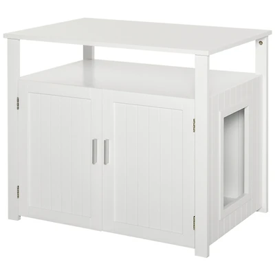Wooden Cat Litter Box Enclosure Furniture with Adjustable Partition, Cat Washroom End Table with Open Shelf, White