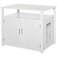Wooden Cat Litter Box Enclosure Furniture with Adjustable Partition, Cat Washroom End Table with Open Shelf, White
