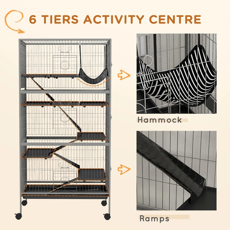 63" 6-Tier Small Animal Cage, Ferret Cage, Large Chinchilla Cage with Hammock Accessory & Heavy-Duty Steel Wire, Small Animal Habitat with 6 Door