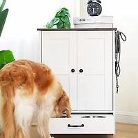 Dog Feeding Station, Dog Food Storage Cabinet with Hidden Dog Bowls, Adjustable Panel, Hooks, for Medium Sized Dogs, White