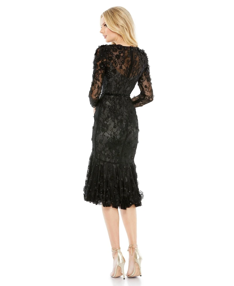 Women's Floral Applique Long Sleeve Cocktail Dress