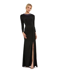 Mac Duggal Women's Long Sleeve Jersey Ruched Gown With Beaded Neck