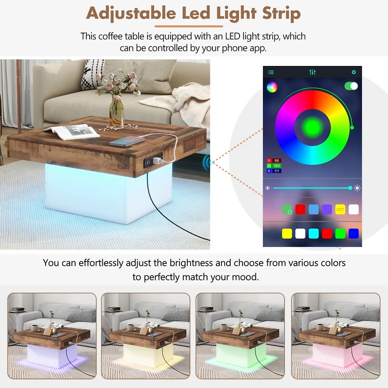 Streamdale Furniture 31.4" x 31.4" Farmhouse Coffee Table with 2 Usb Ports and Outlets, Brown Spliced Wood Grain Center Table with Led Light, Rustic C