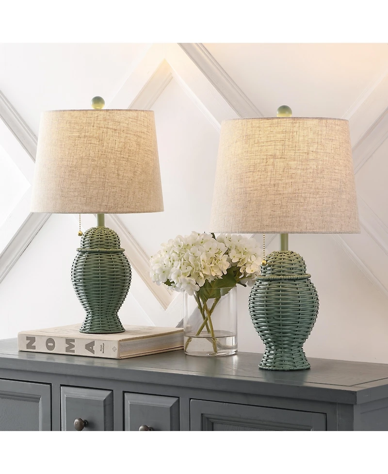 Jonathan Y Margie Wicker 20.5" Bohemian Rustic Iron Led Table Lamp, Green (Set of 2)