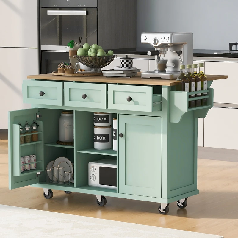 Streamdale Mint Green Kitchen Cart with Drop-Leaf, Cabinet, and Drawers