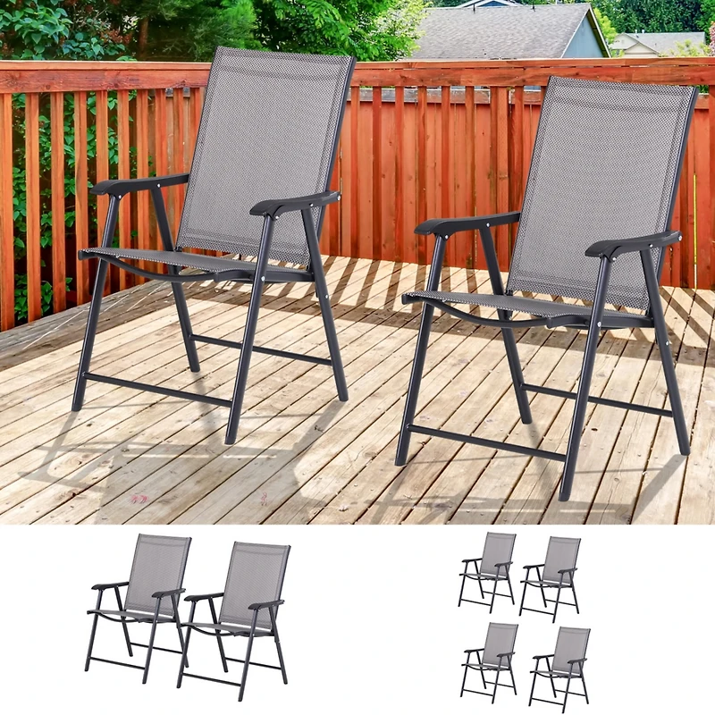Set of 2 Patio Folding Chairs, Stackable Outdoor Sling Patio Dining Chairs with Armrests for Lawn, Camping, Dining, Beach, Metal Frame, No Assembly, G