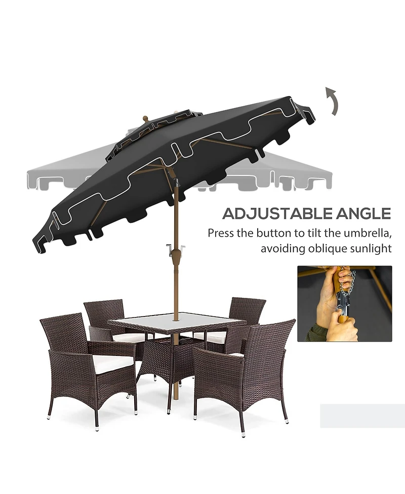 9' Patio Umbrella with Push Button Tilt and Crank, Double Top Ruffled Outdoor Market Table Umbrella with 8 Ribs, for Garden, Deck, Pool, Dark Gray