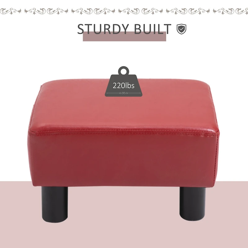 Ottoman Foot Rest, Small Foot Stool with Faux Leather Upholstery, Rectangular Ottoman Footrest with Padded Foam Seat and Plastic Legs, Red