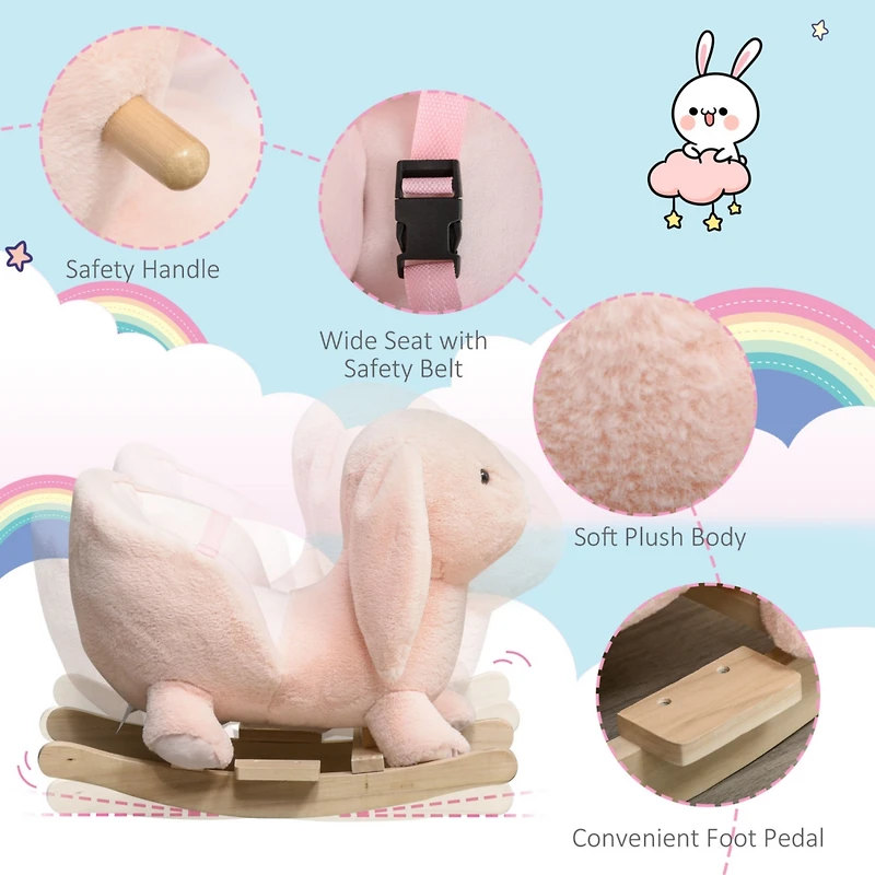 Rabbit Wooden Rocking Horse with Simulated Sound, Wooden Base, Seat Belt, Plush Stuffed Rocking Chair for Baby, Toddler, 18-36 Months, Pink