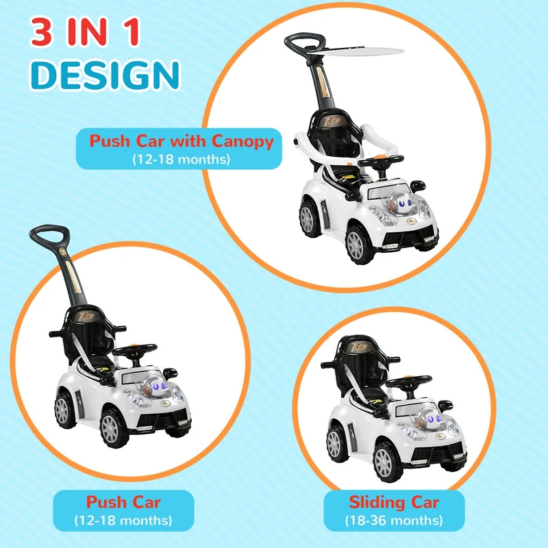Push Car for Kids 1-3 Years, 3 in 1 Ride on Sliding Car, Foot to Floor Baby Push Car with Removable Handle, Music, Horn, Canopy, Safety Guardrail for