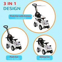 Push Car for Kids 1-3 Years, 3 in 1 Ride on Sliding Car, Foot to Floor Baby Push Car with Removable Handle, Music, Horn, Canopy, Safety Guardrail for