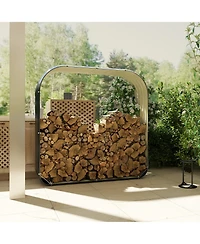 Galvanized Steel Wood Shed Firewood Storage Rack, 4.7' x 1.4' x 4.7' Log Holder Storage Shed with Rubberized Edge for Safety & Gloves for Easy Assembl