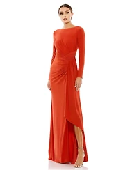 Women's Ruched Long Sleeve Boat Neck Gown
