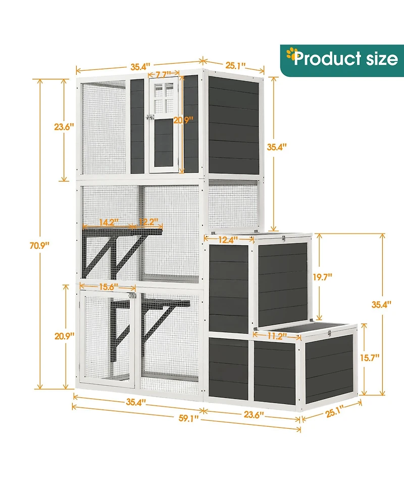 Streamdale 3-Tier Wooden Cat House with 4 Platforms, 2 Doors, and Jump Box