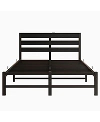 Simplie Fun Full Size Metal Bed Frame with Wooden Headboard, Rgb Lights, Outlets & Charger, Storage Shelf, Noise-Free, No Box Spring Needed