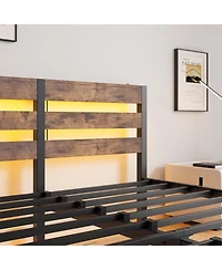 Simplie Fun Queen Size Metal Bed Frame with Wooden Headboard, Rgb Lights, Charger, Storage Shelf, Noise-Free, No Box Spring Needed, Rustic Brown