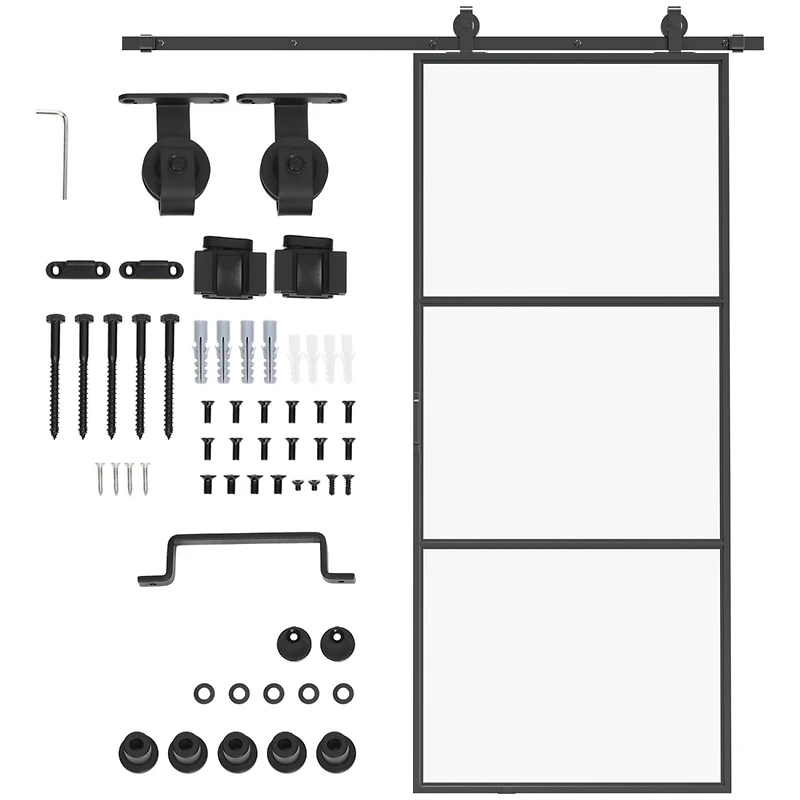 36" x 84" Sliding Door with Hardware Kit, Handle, & Track, Industrial Frosted Tempered Glass Door with Carbon Steel, Easy Installation