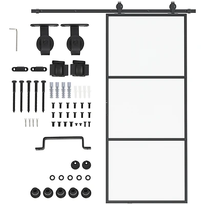 36" x 84" Sliding Door with Hardware Kit, Handle, & Track, Industrial Frosted Tempered Glass Door with Carbon Steel, Easy Installation