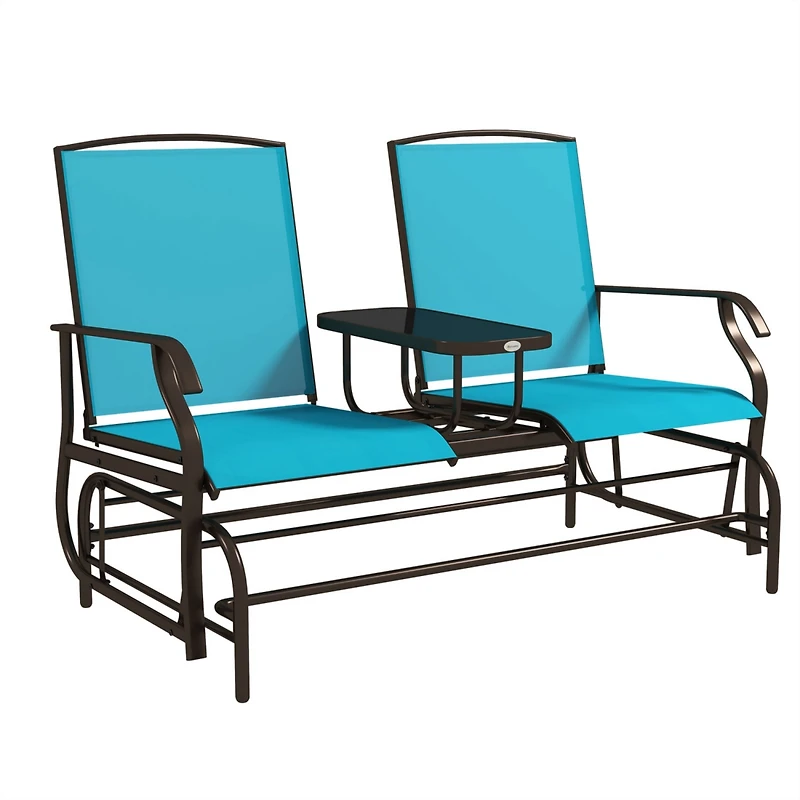 Outdoor Glider Bench with Center Table, Metal Frame Patio Loveseat with Breathable Mesh Fabric and Armrests for Backyard Garden Porch, Blue