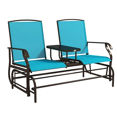 Outdoor Glider Bench with Center Table, Metal Frame Patio Loveseat with Breathable Mesh Fabric and Armrests for Backyard Garden Porch, Blue