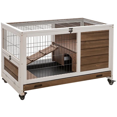 Wooden Rabbit Hutch Indoor Outdoor, Elevated Bunny Cage with No Leak Tray Enclosed Run with Wheels, Ideal for Guinea Pigs and Small Animals, Brown