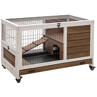 Wooden Rabbit Hutch Indoor Outdoor, Elevated Bunny Cage with No Leak Tray Enclosed Run with Wheels, Ideal for Guinea Pigs and Small Animals, Brown
